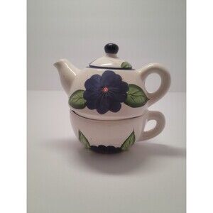 Cottagecore Floral Tea for One Set – Blue Flower Teapot & Cup Stackable Giftable
